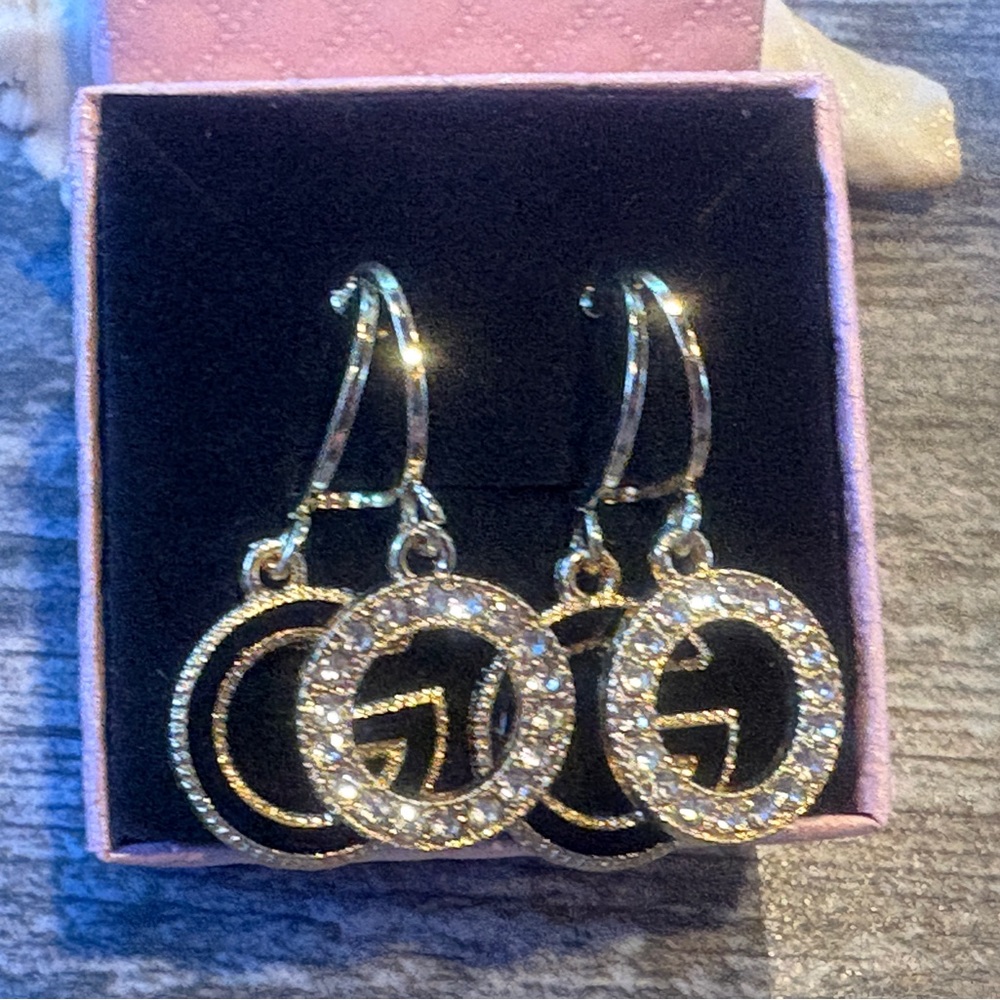 New, Gold-tone and Black Enamel Dangle, Initial Earrings